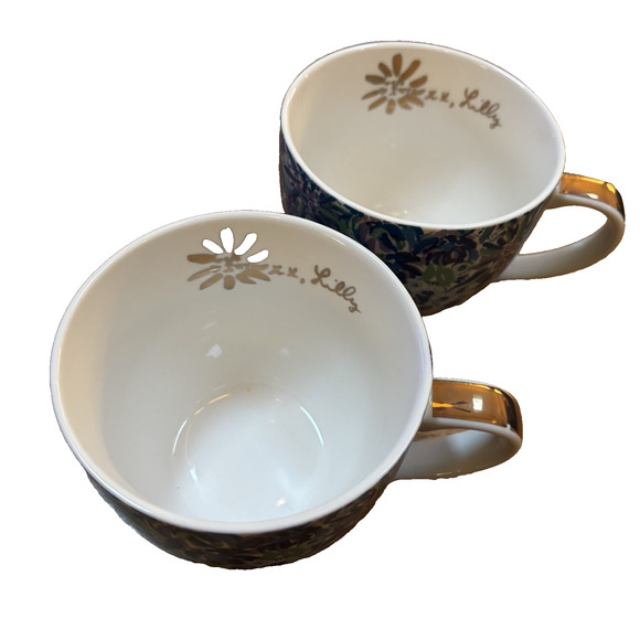 Lilly Pulitzer Set of 2 Ceramic 12 oz Coffee Tea Cups Blue Floral Lion Gold Trim - Picture 2 of 9
